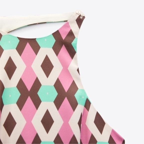 Zara Retro Asymmetrical Satin Effect Print Dress Geometric Pattern - Picture 4 of 10